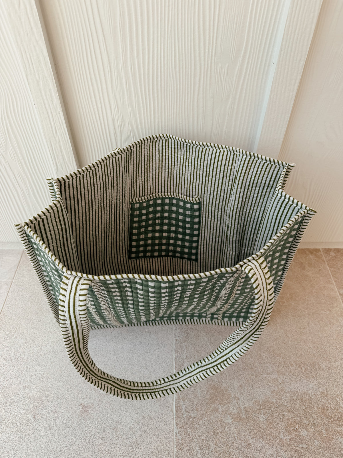 Large Quilted Tote Bag - Light Green Gingham