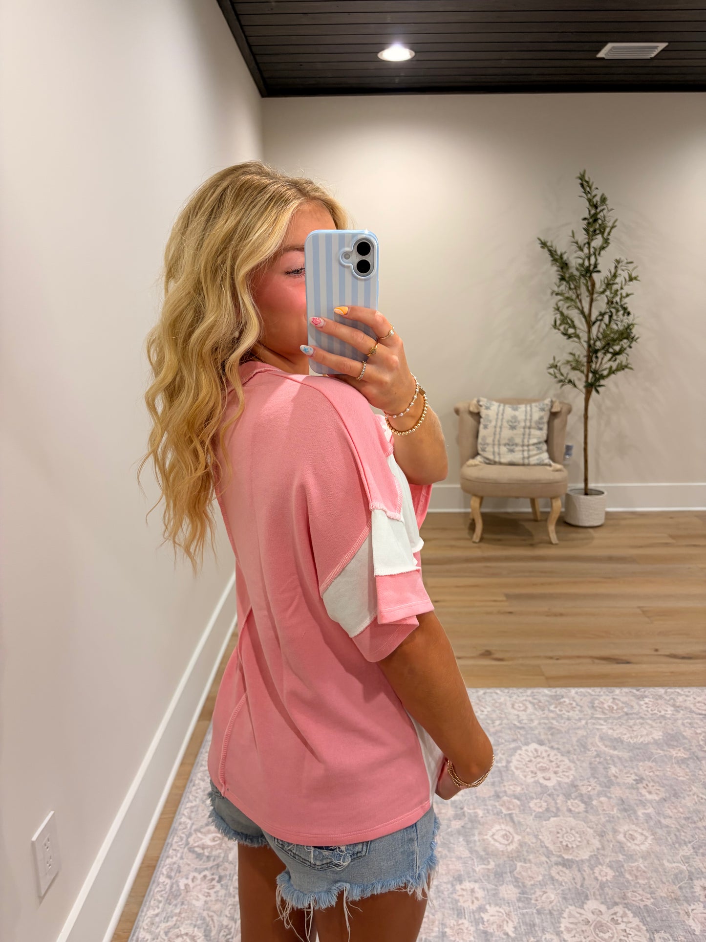 Classic Color Block Tee - Pink/White