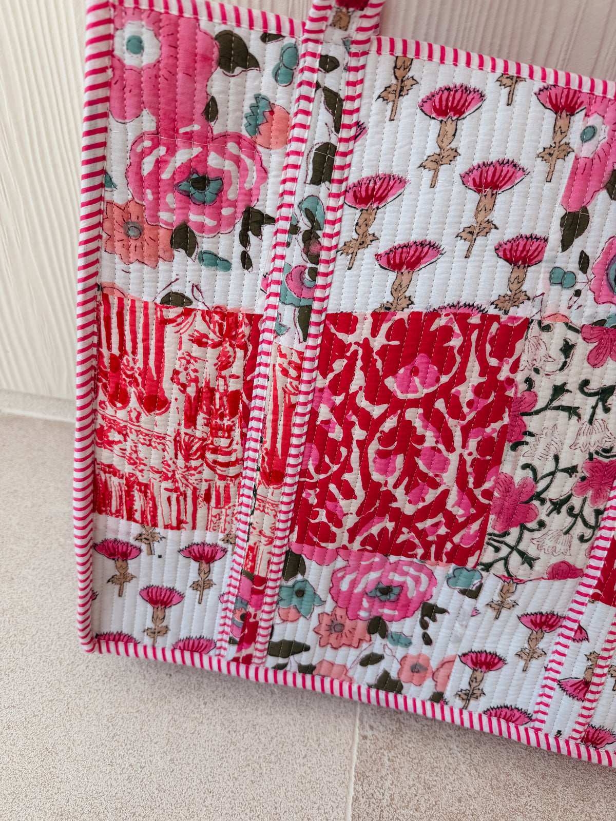 Large Quilted Tote Bag - Pink Poppy