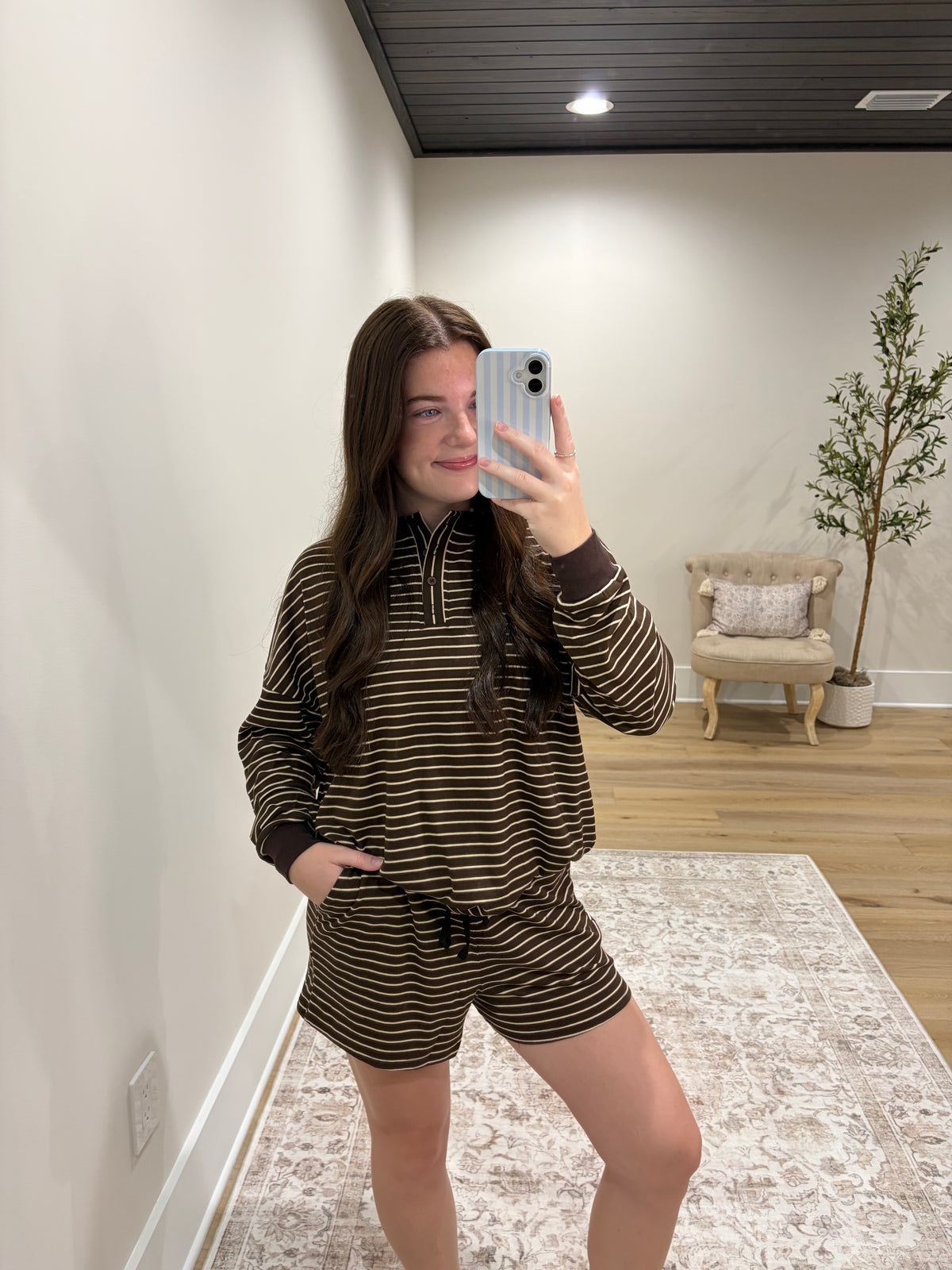 The Reece Henley Striped Short Set - Chocolate Brown/Cream