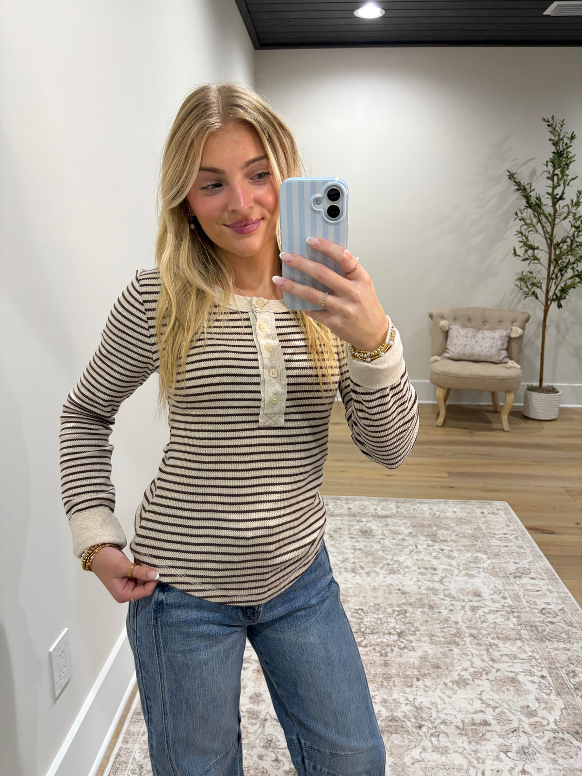 Worth the Stripe Henley Top - Cream/Brown