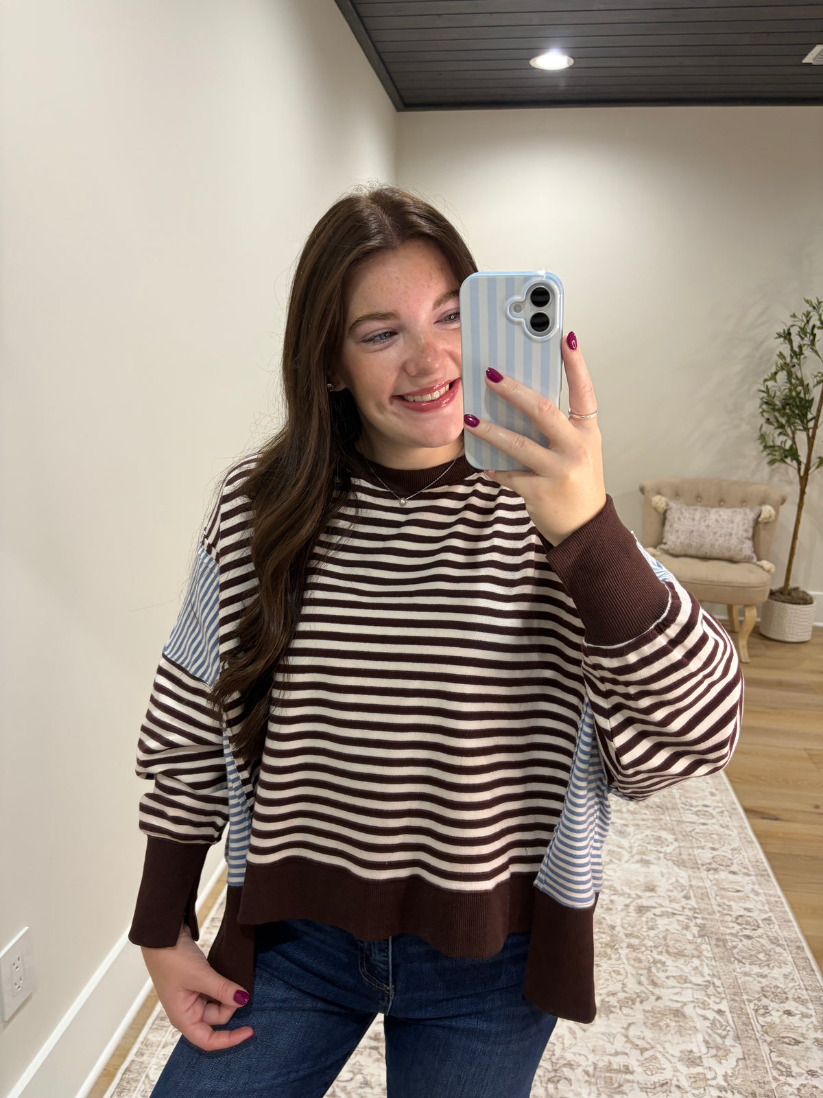 The Avery Mixed Stripe Pullover - Chocolate Brown/Light Blue