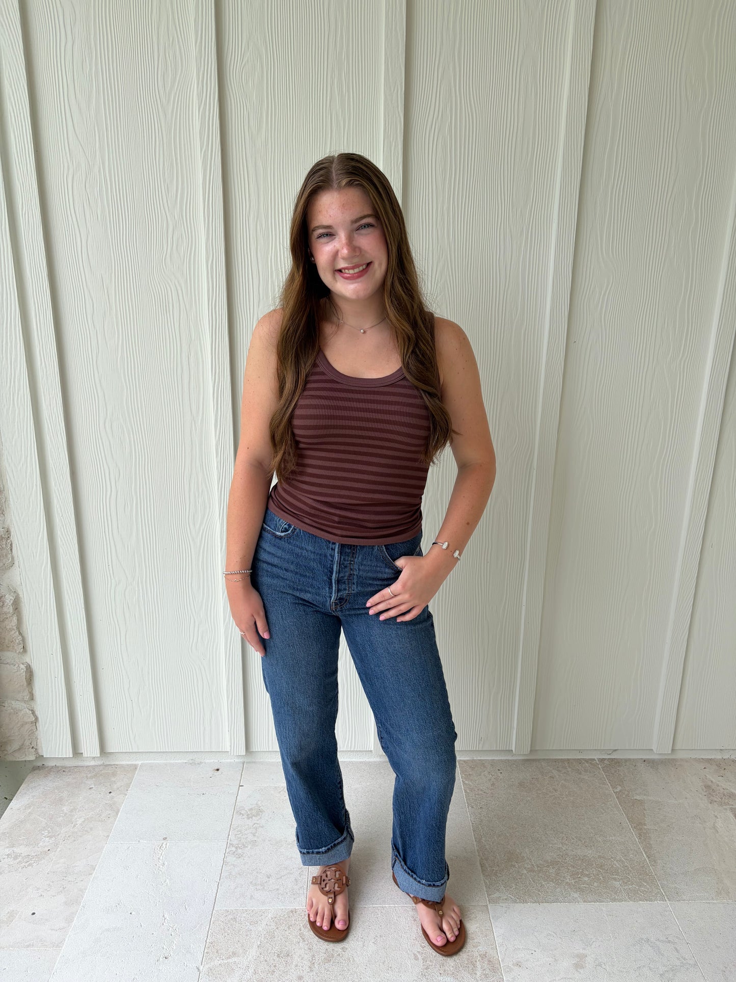 Double Take Ribbed Tank - Brown