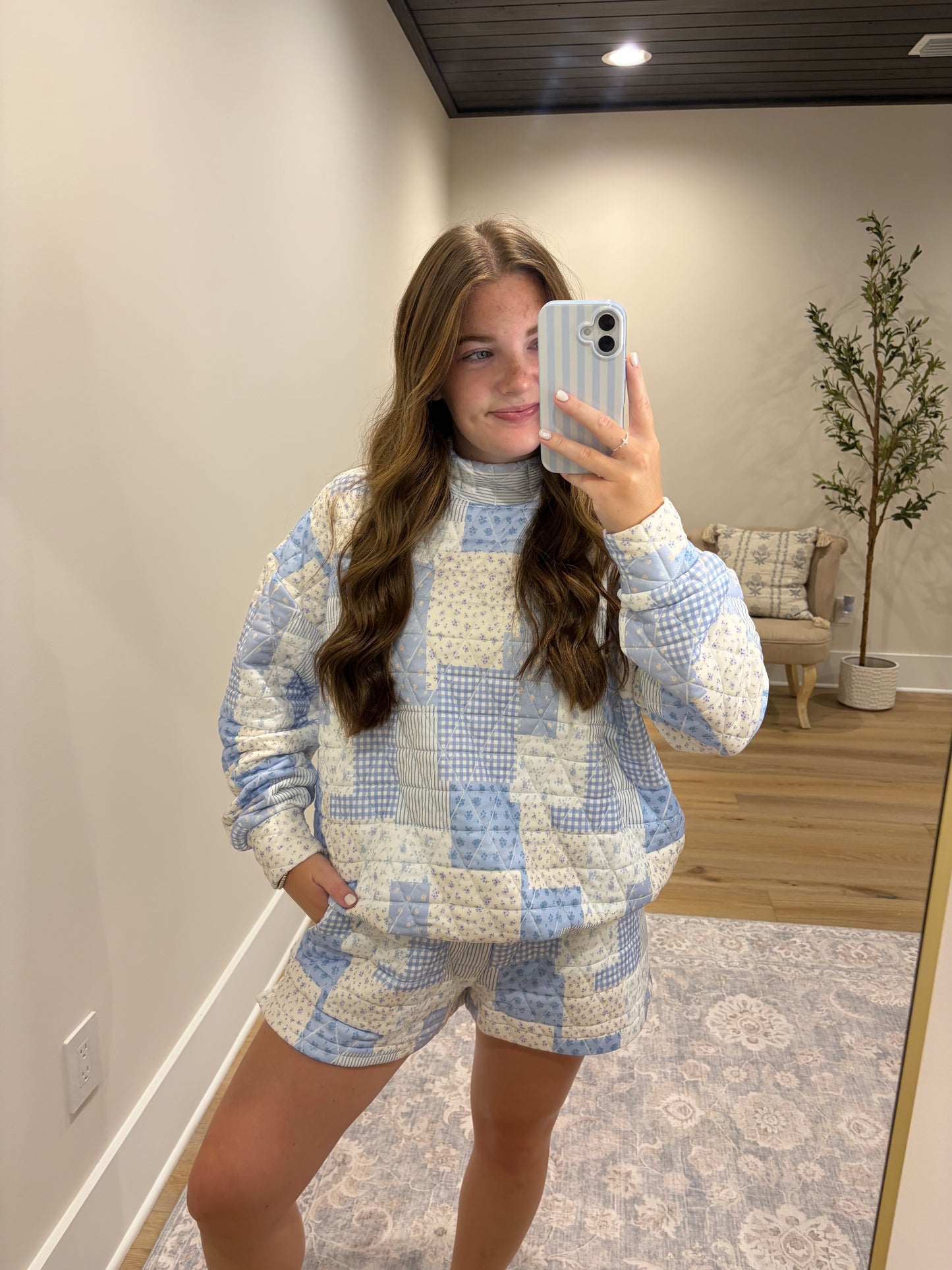 Patchwork Quilted Set - Light Blue