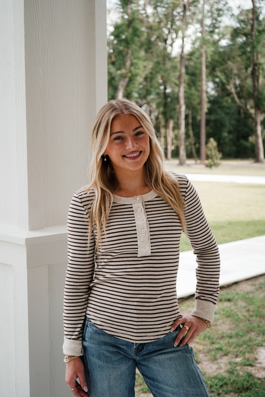 Worth the Stripe Henley Top - Cream/Brown