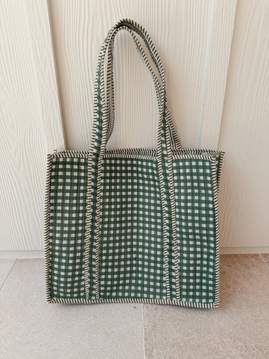 Large Quilted Tote Bag - Light Green Gingham