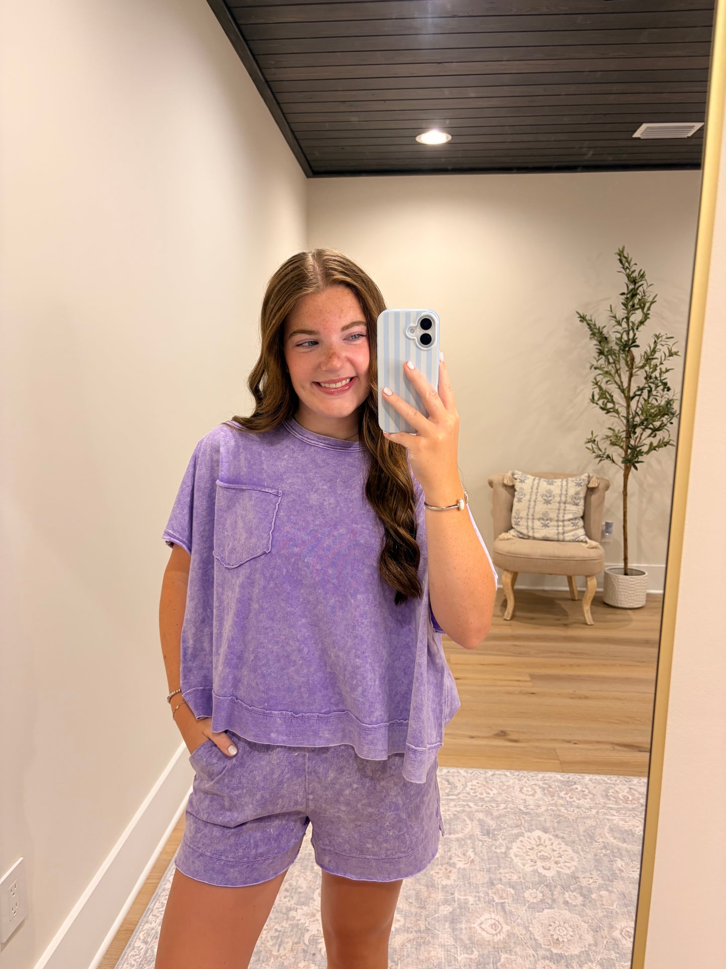 Halo Snow Washed Boxy Top & Shorts Set - Purple