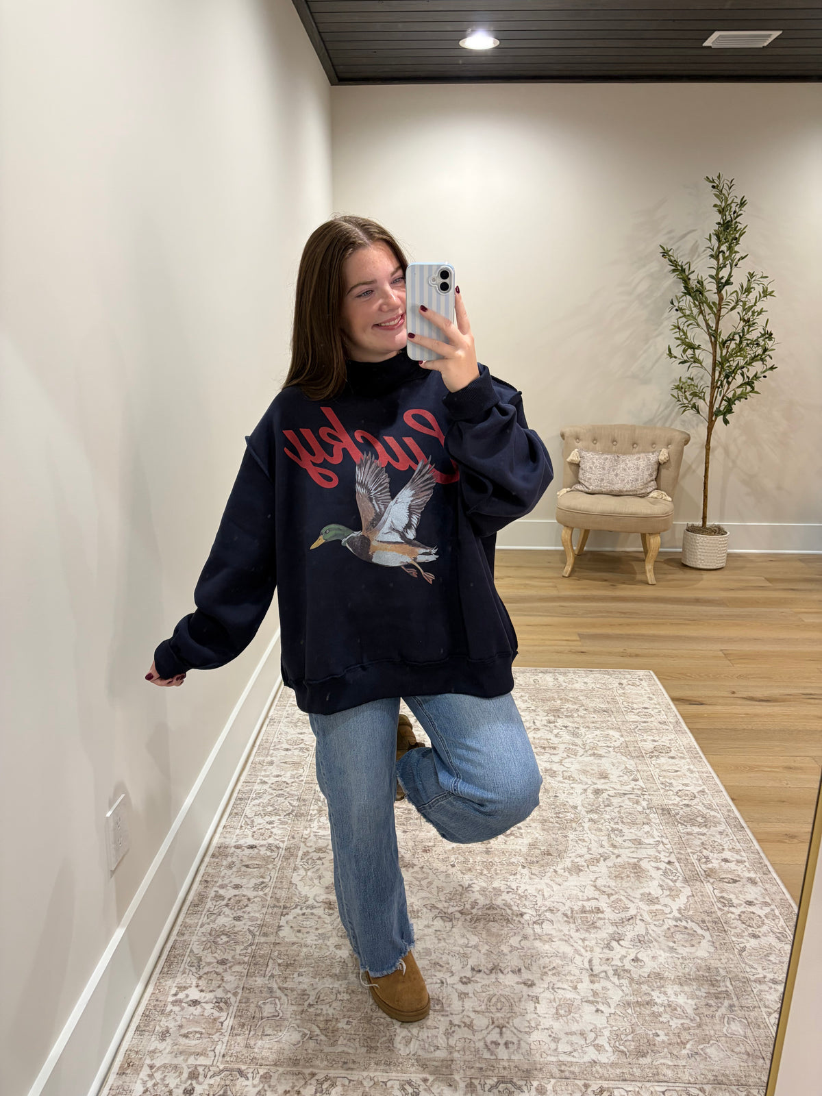 Lucky Mallard Mock Neck Pullover - Navy
