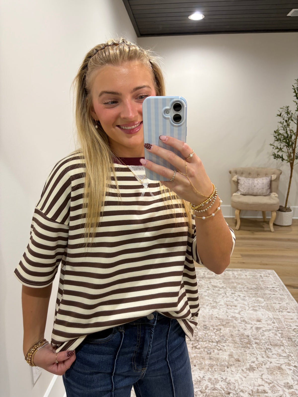 The Palmer Stripe Top - Brown/Burgundy