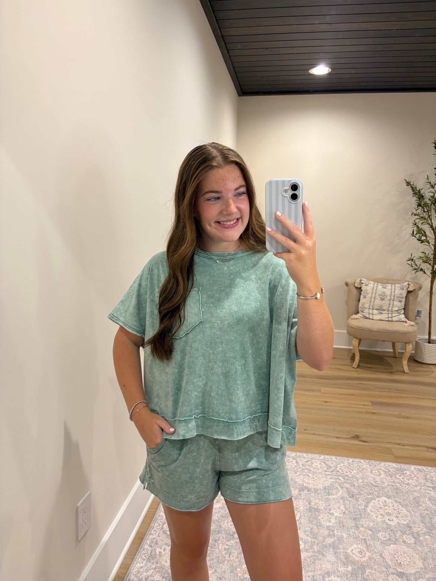 Halo Snow Washed Boxy Top & Shorts Set - Light Green