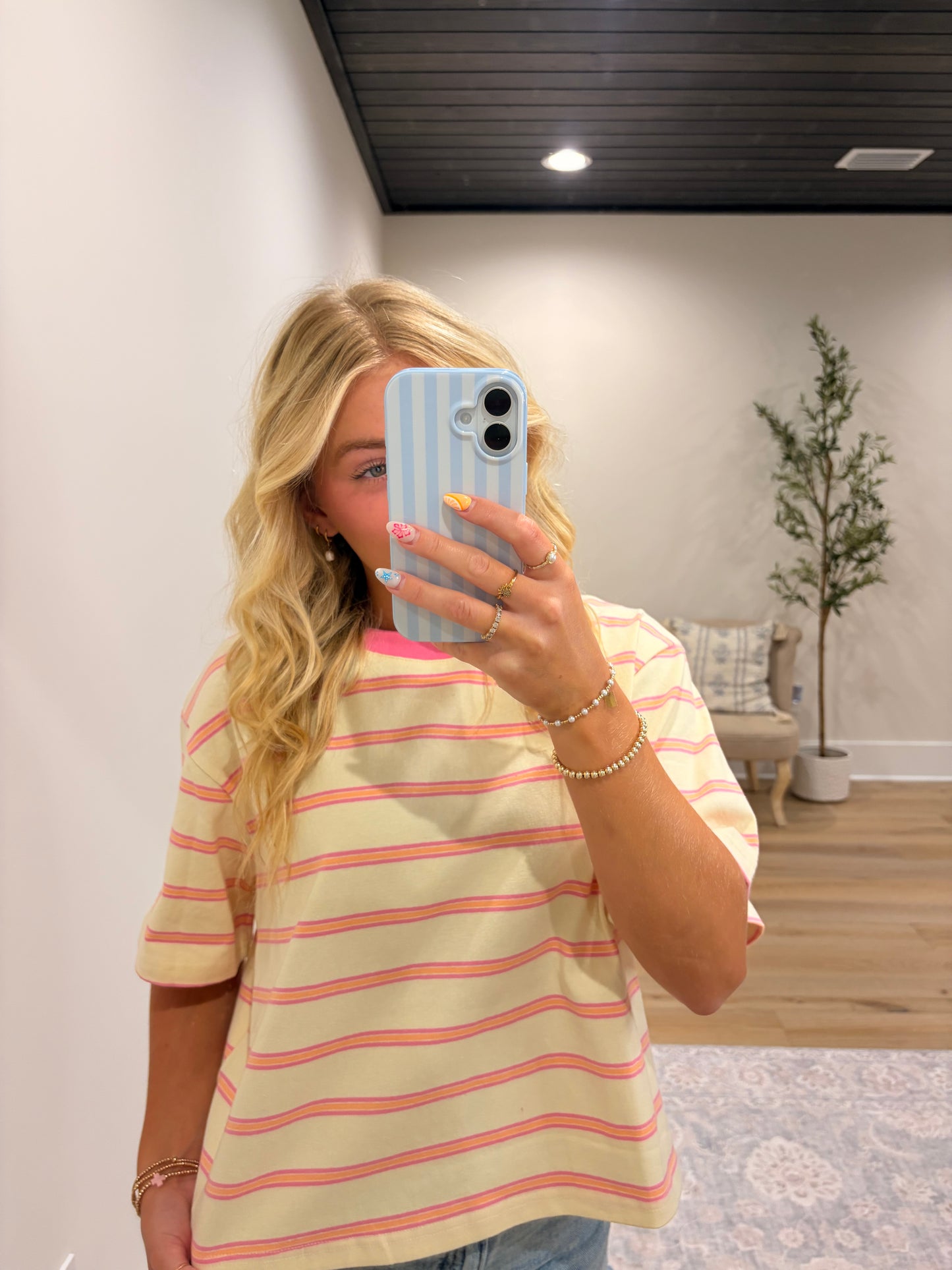 Signature Boxy Stripe Tee - Cream/Pink/Orange