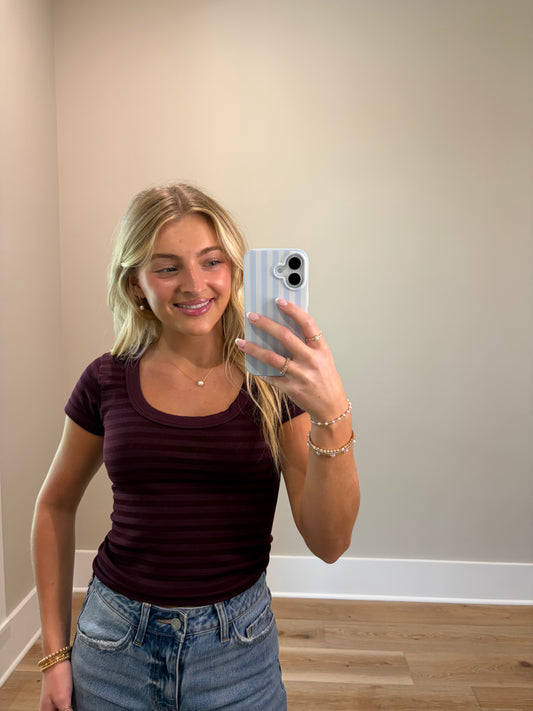 Core Ribbed Scoop Neck Top - Raisin