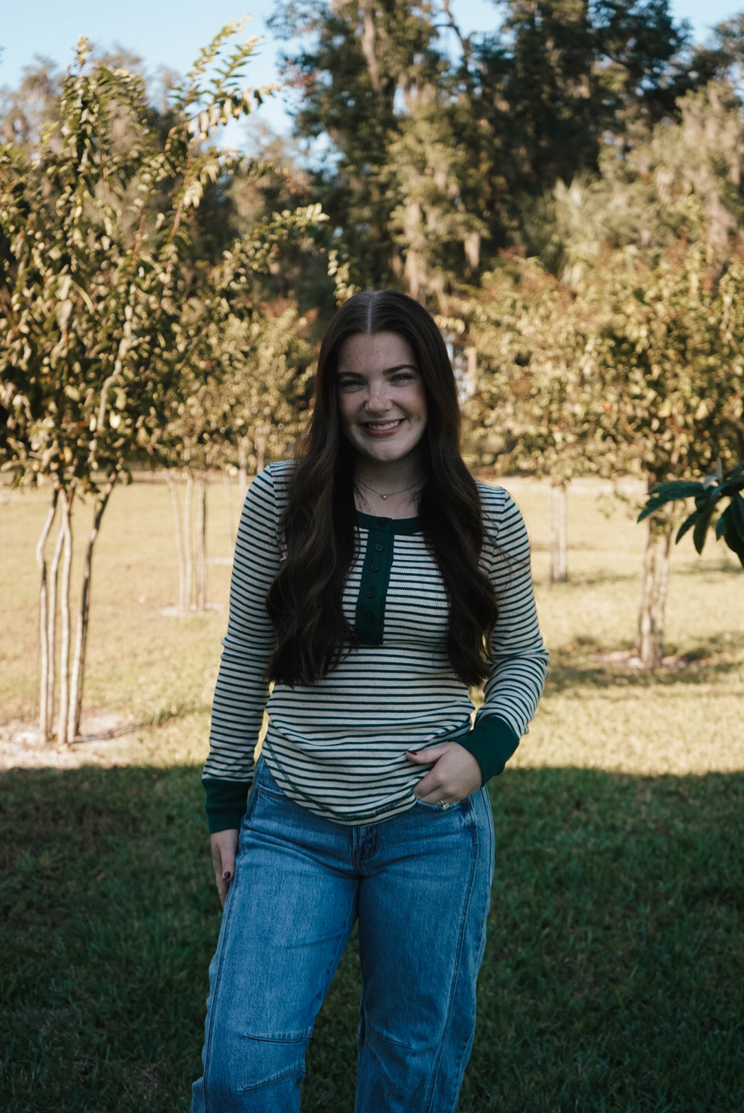 Worth the Stripe Henley Top - Hunter Green/Oatmeal