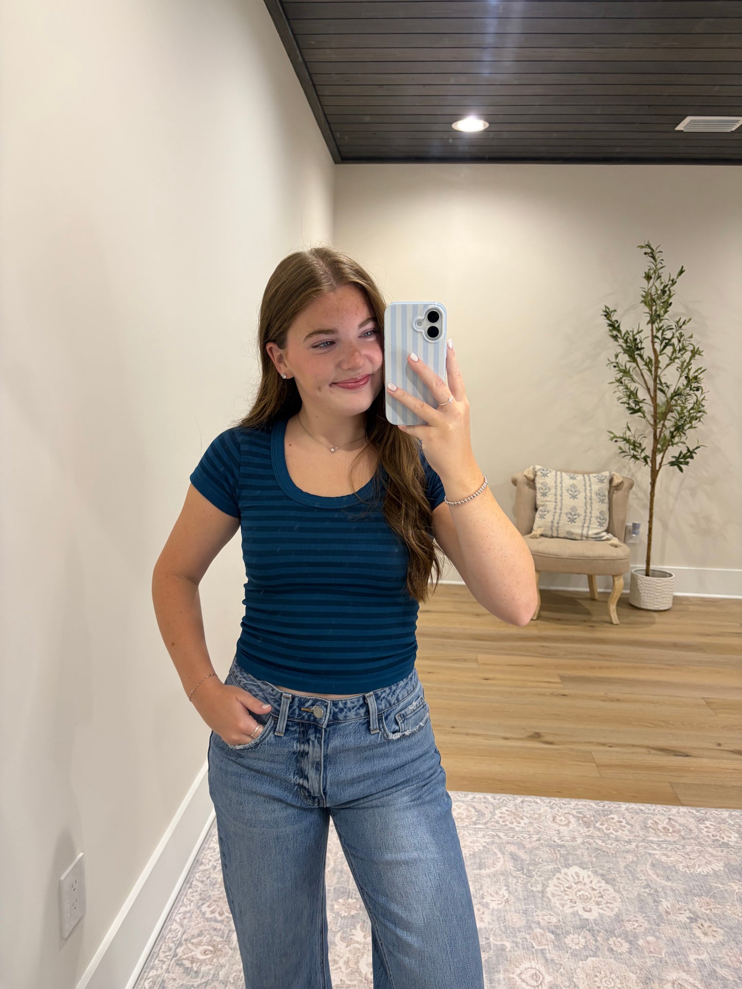 Core Ribbed Scoop Neck Top - Teal