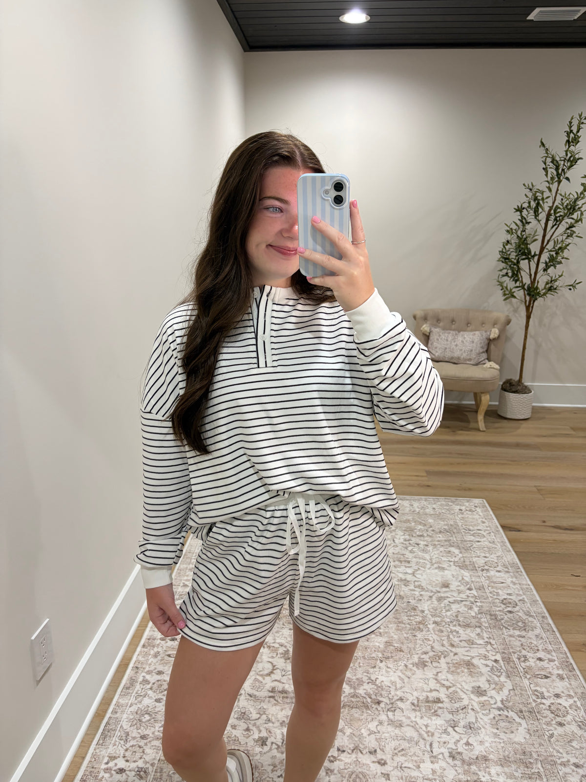 The Reece Henley Striped Short Set - White/Black