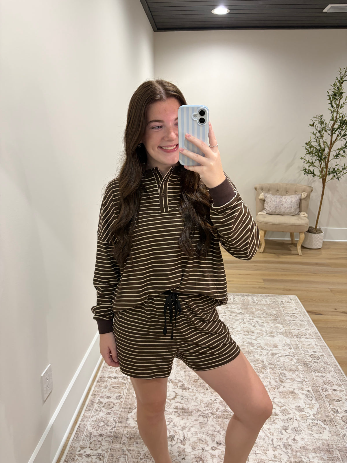 The Reece Henley Striped Short Set - Chocolate Brown/Cream