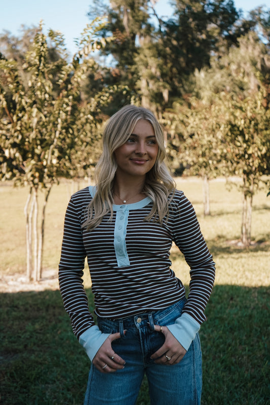 Worth the Stripe Henley Top - Brown/Light Blue