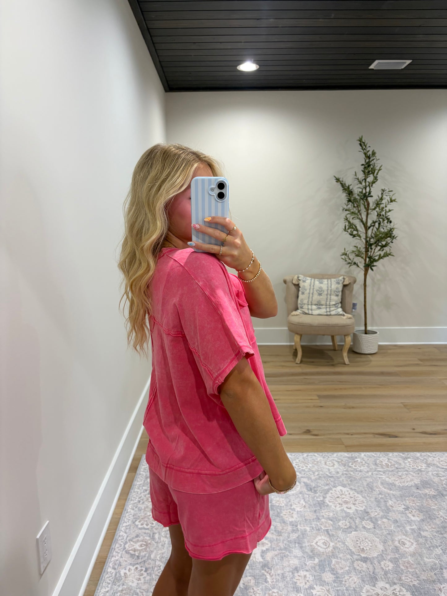 Halo Snow Washed Boxy Top & Shorts Set - Fuchsia