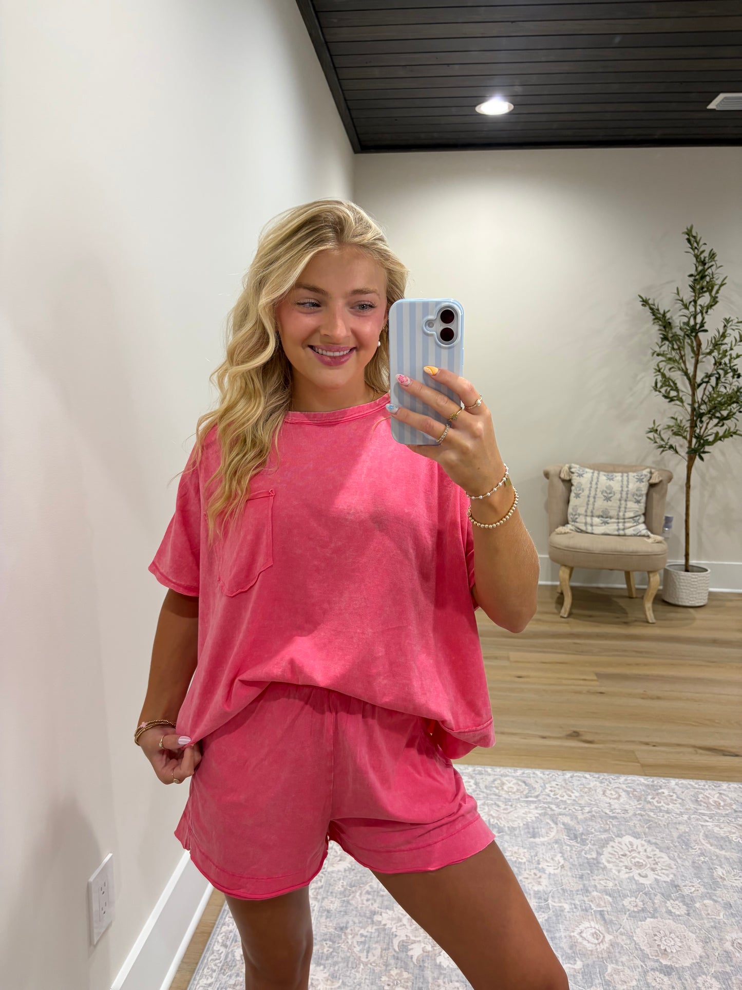 Halo Snow Washed Boxy Top & Shorts Set - Fuchsia