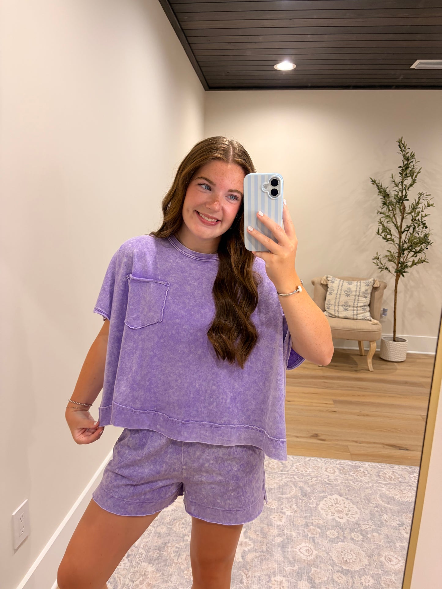 Halo Snow Washed Boxy Top & Shorts Set - Purple