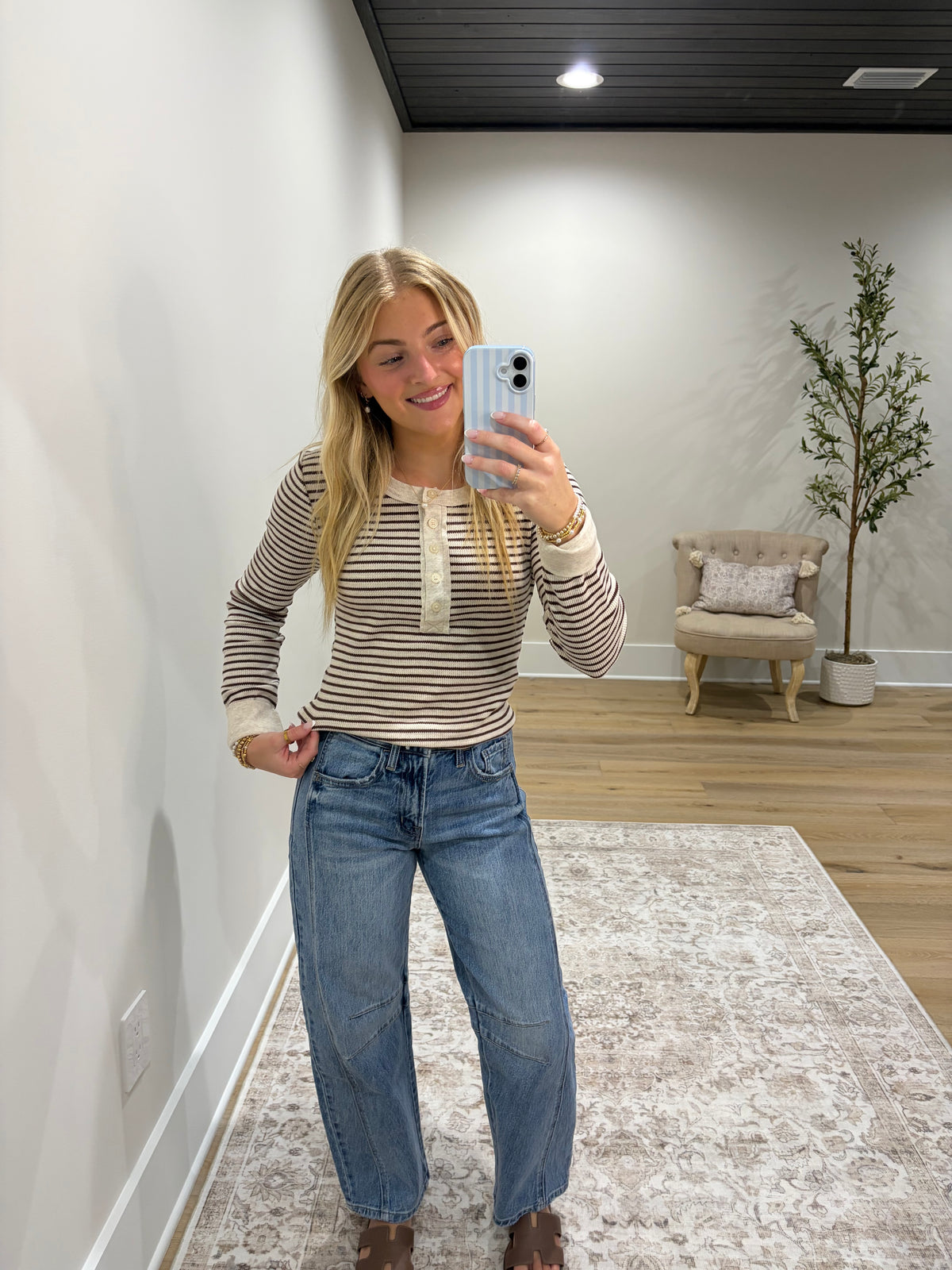 Worth the Stripe Henley Top - Cream/Brown