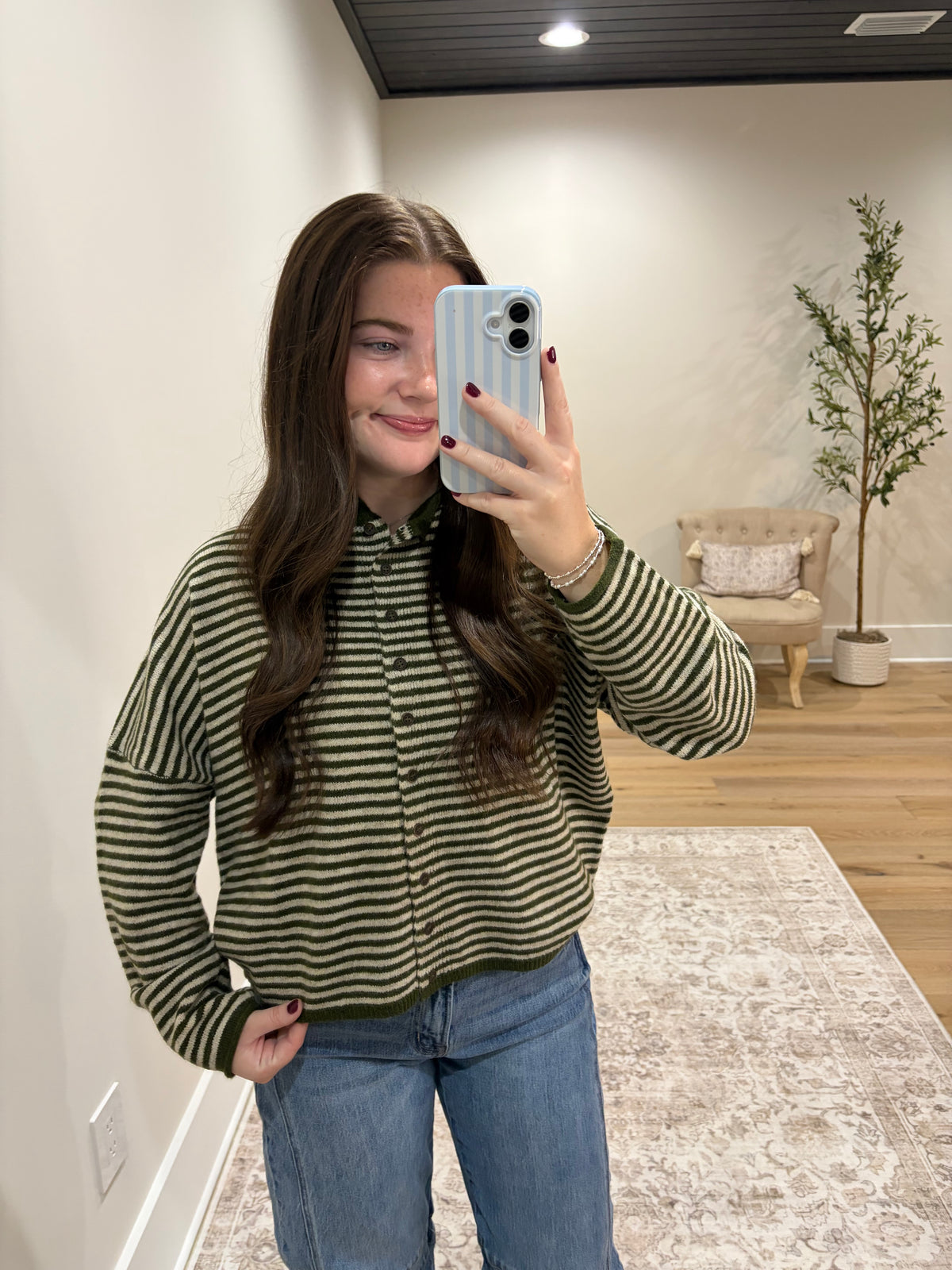 Olive Stripe Button Cardigan