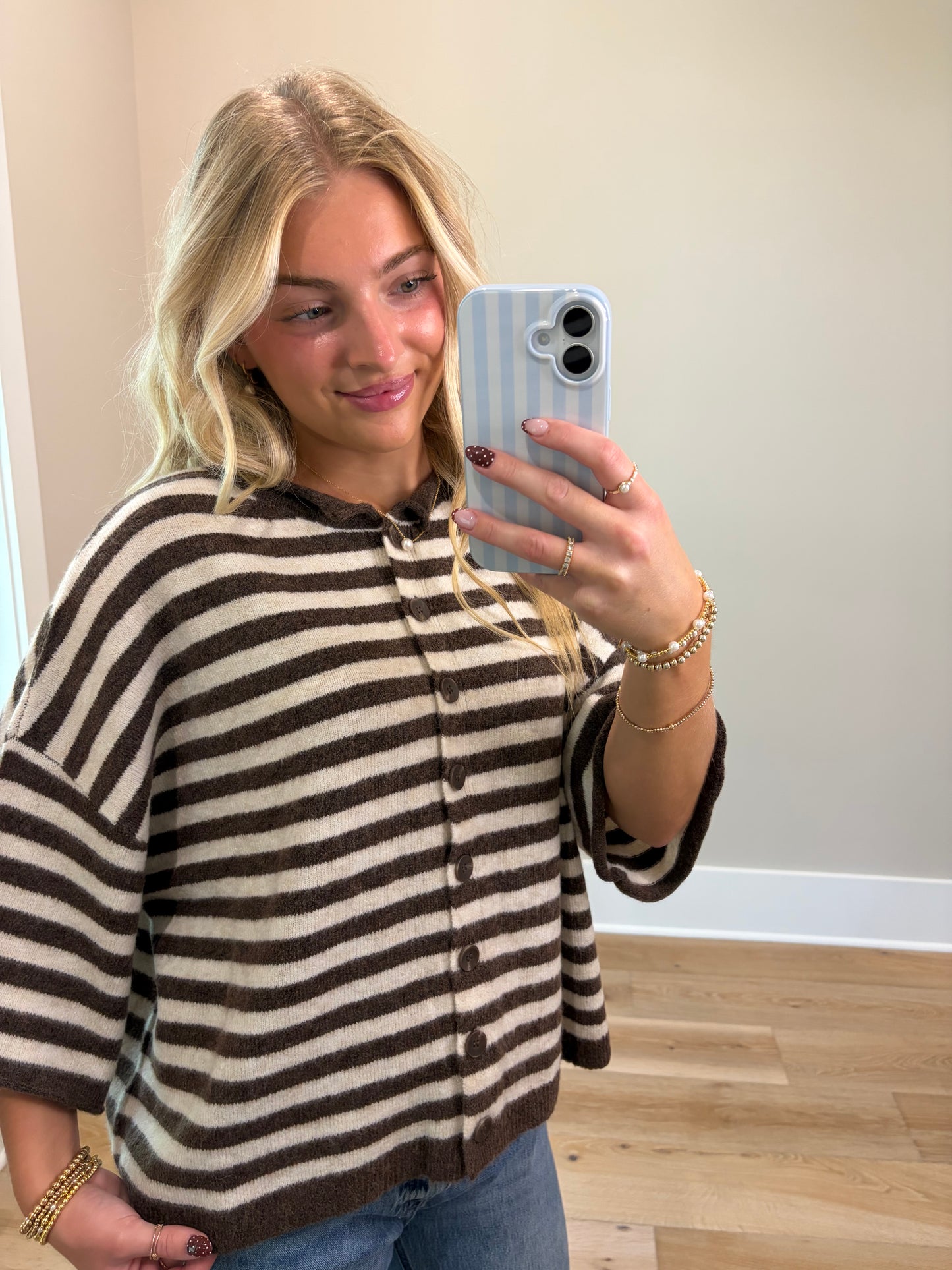The Cozy Stripe Cardigan - Brown