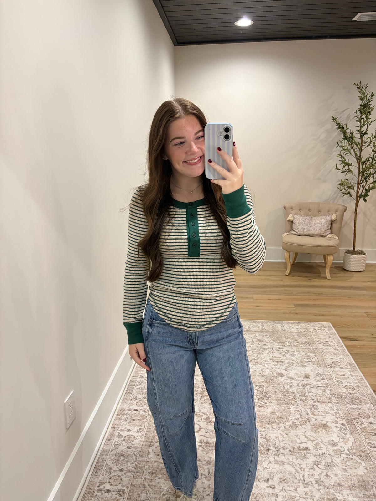 Worth the Stripe Henley Top - Hunter Green/Oatmeal