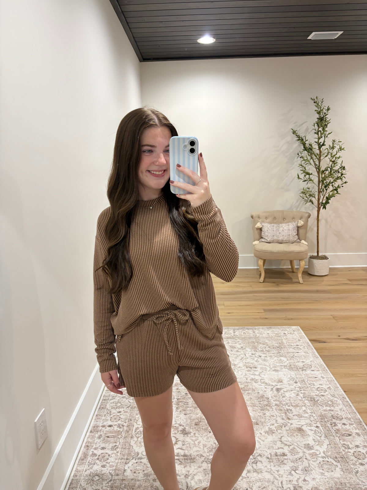 Comfort Stretch Ribbed Long Sleeve Short Set - Cocoa