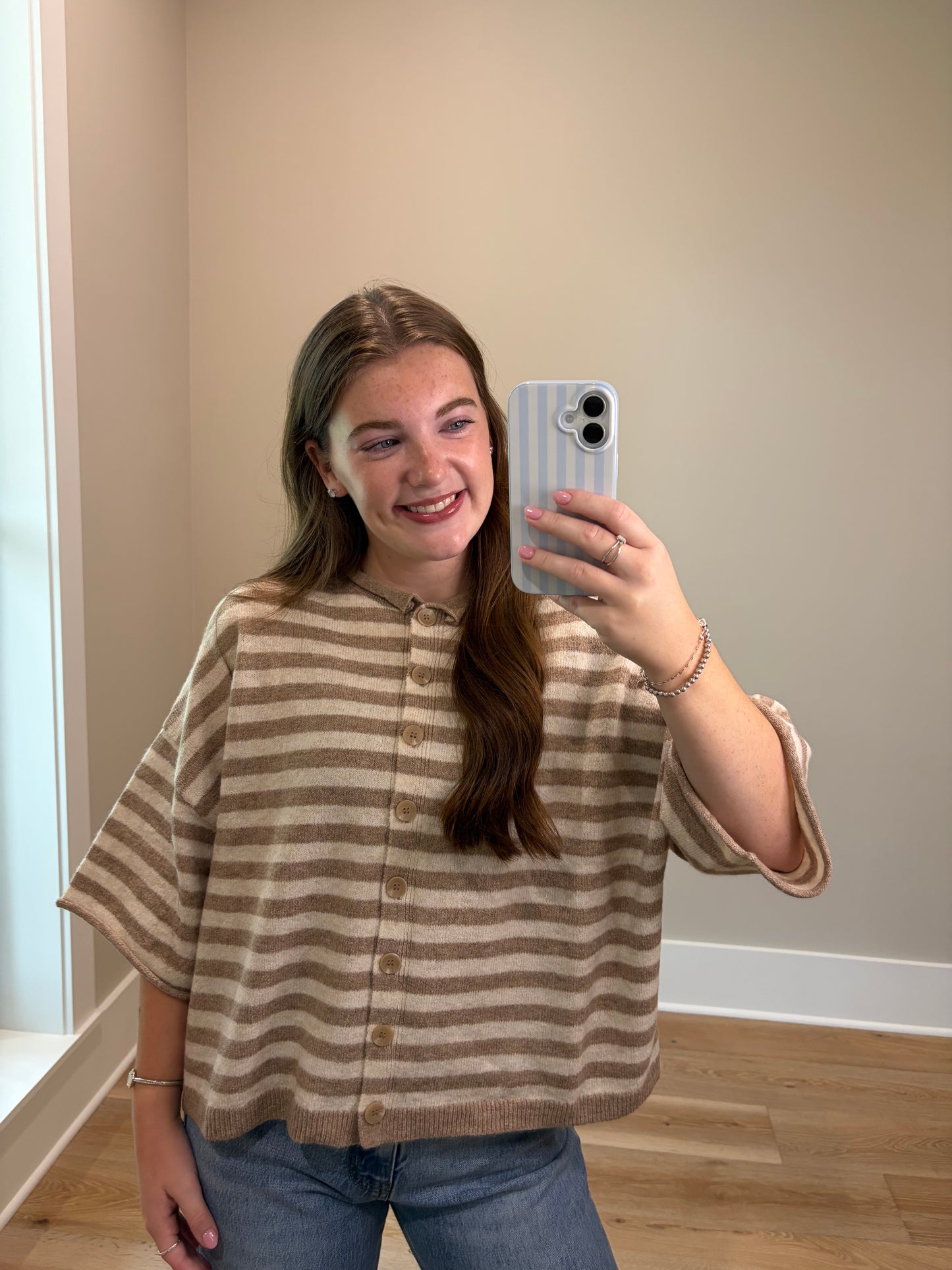 The Cozy Stripe Cardigan - Light Mocha