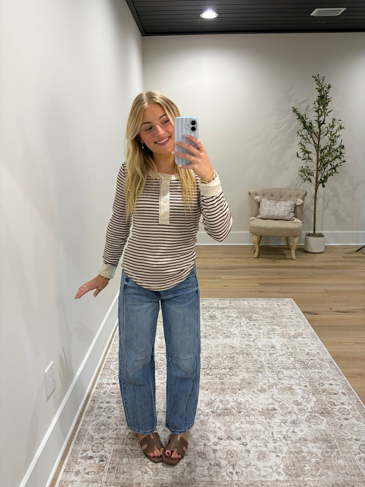 Worth the Stripe Henley Top - Cream/Brown