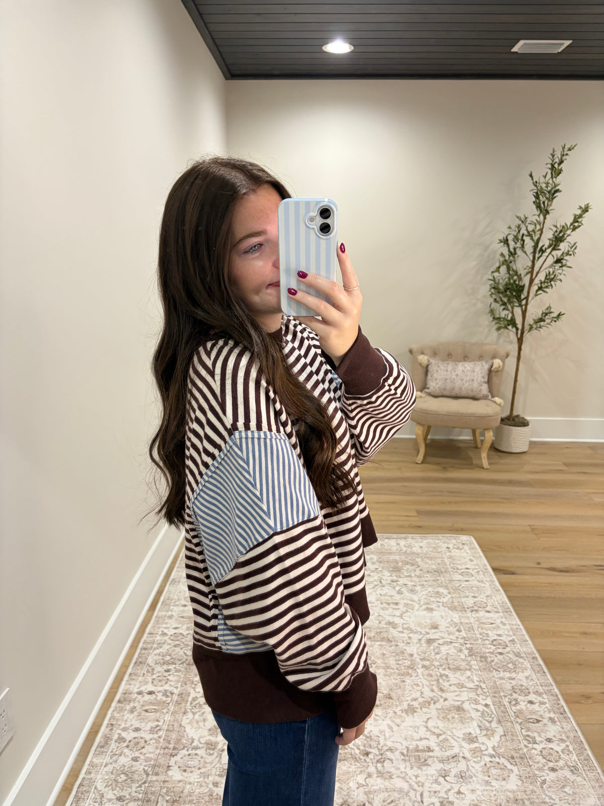 The Avery Mixed Stripe Pullover - Chocolate Brown/Light Blue