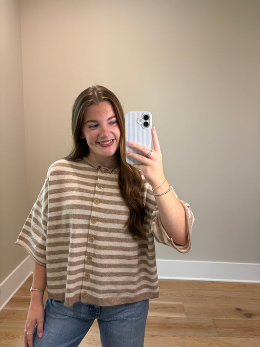 The Cozy Stripe Cardigan - Light Mocha