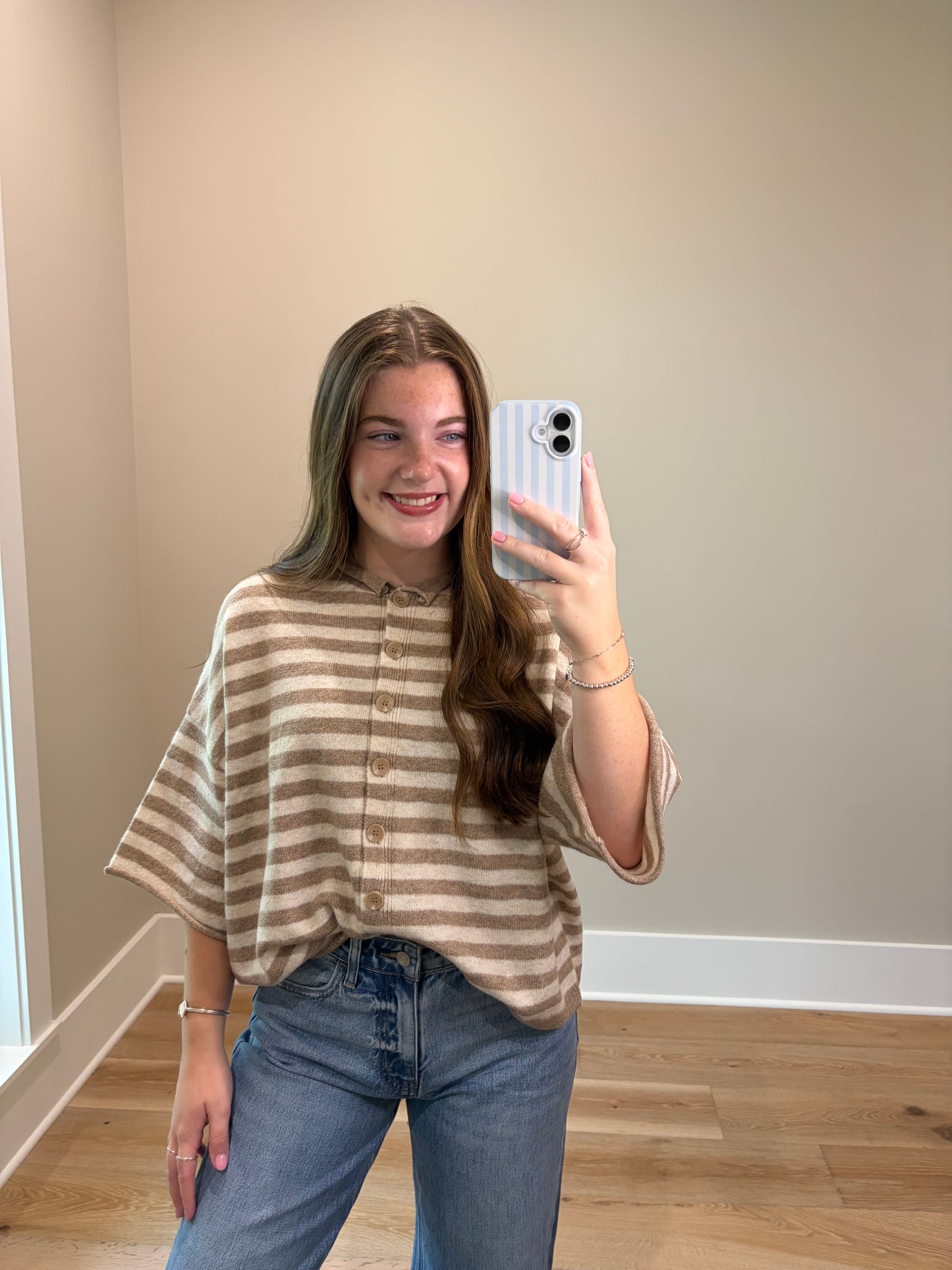 The Cozy Stripe Cardigan - Light Mocha