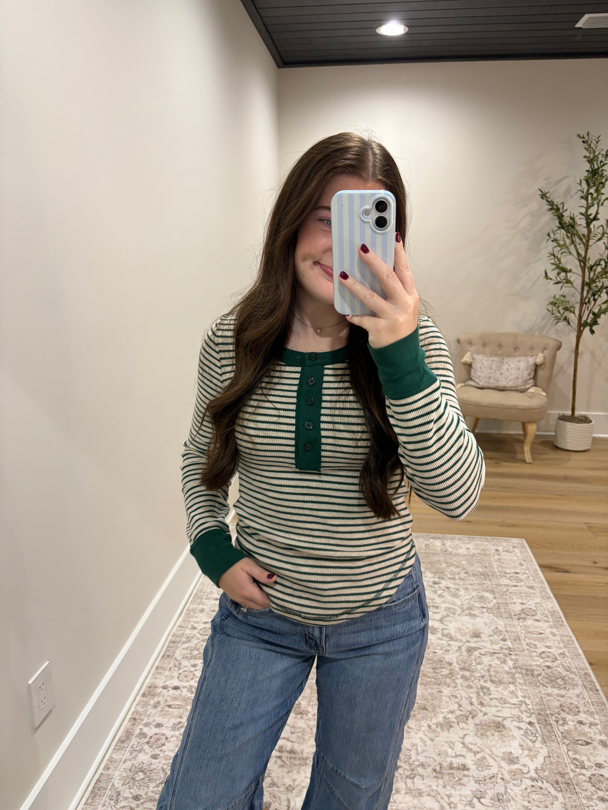 Worth the Stripe Henley Top - Hunter Green/Oatmeal