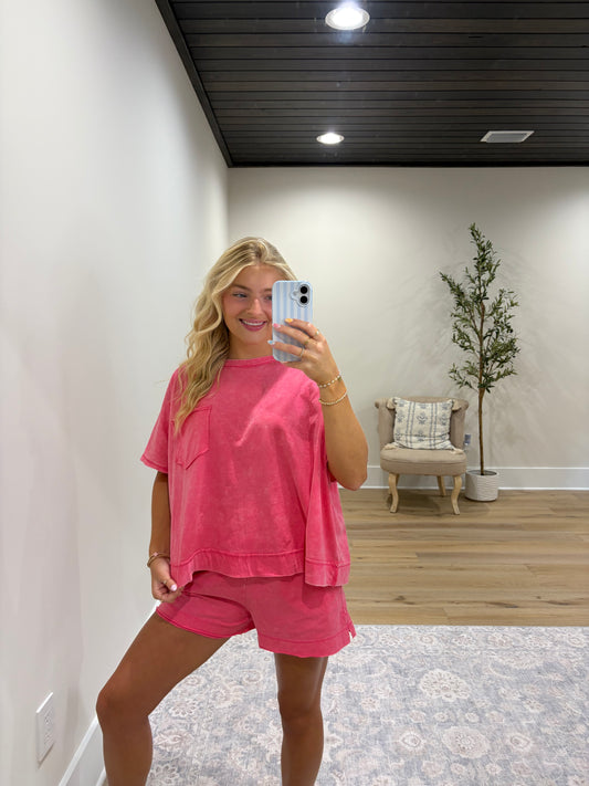 Halo Snow Washed Boxy Top & Shorts Set - Fuchsia