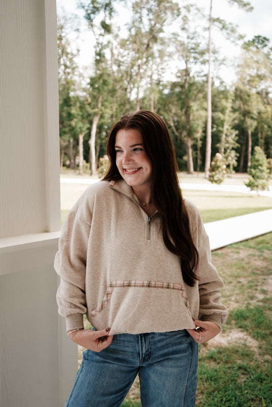 Hint of Plaid Pullover - Oatmeal/Light Pink