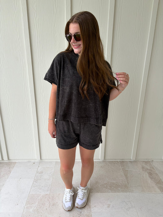 Halo Snow Washed Boxy Top & Short Set - Black