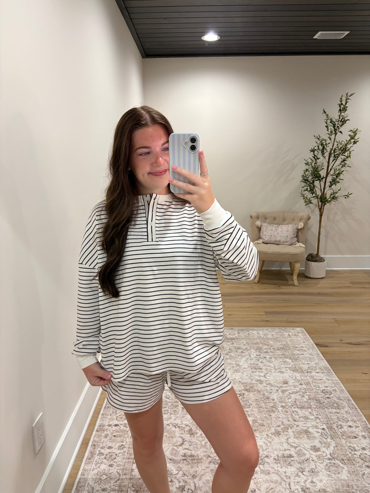 The Reece Henley Striped Short Set - White/Black