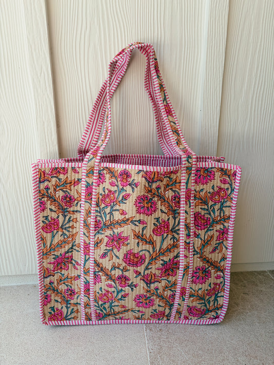 Large Quilted Tote Bag - Pink Posie