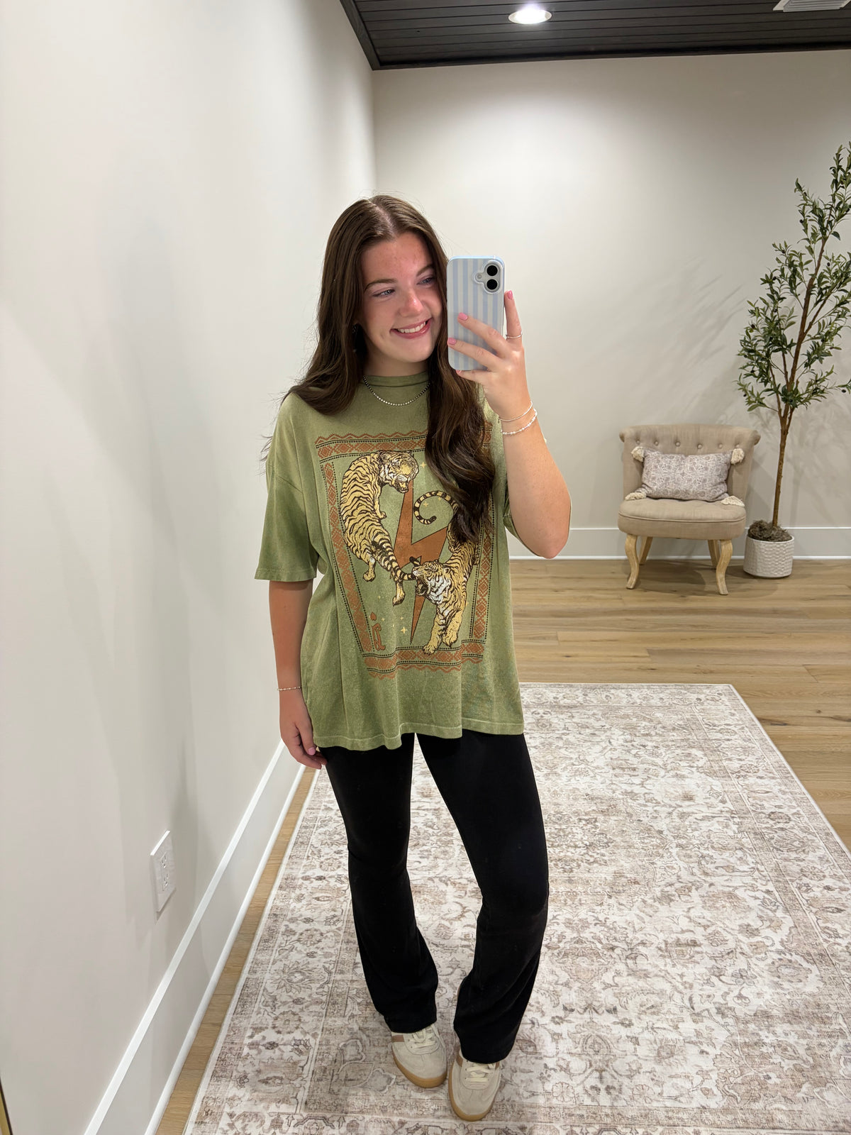 Vintage Tiger Boho Boxy Tee - Olive