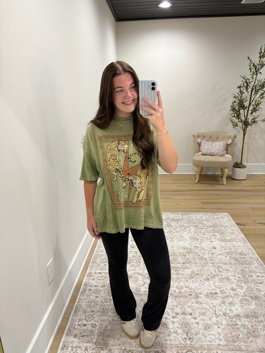 Vintage Tiger Boho Boxy Tee - Olive