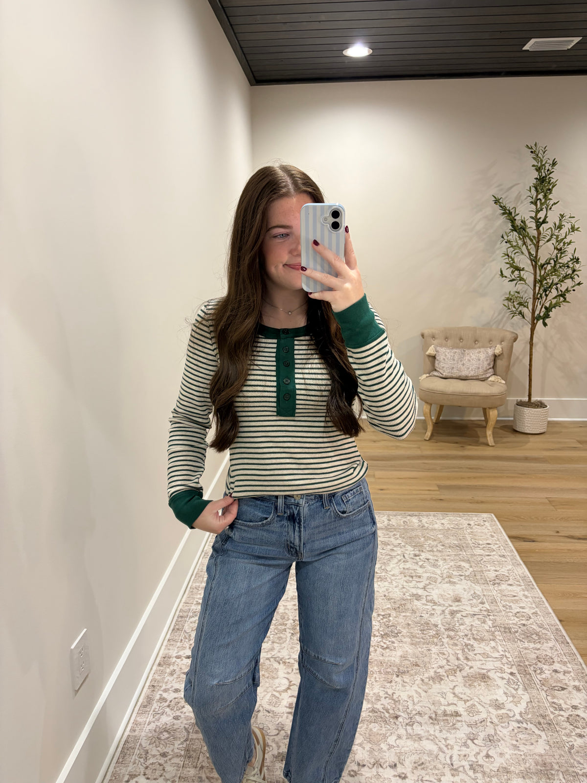 Worth the Stripe Henley Top - Hunter Green/Oatmeal
