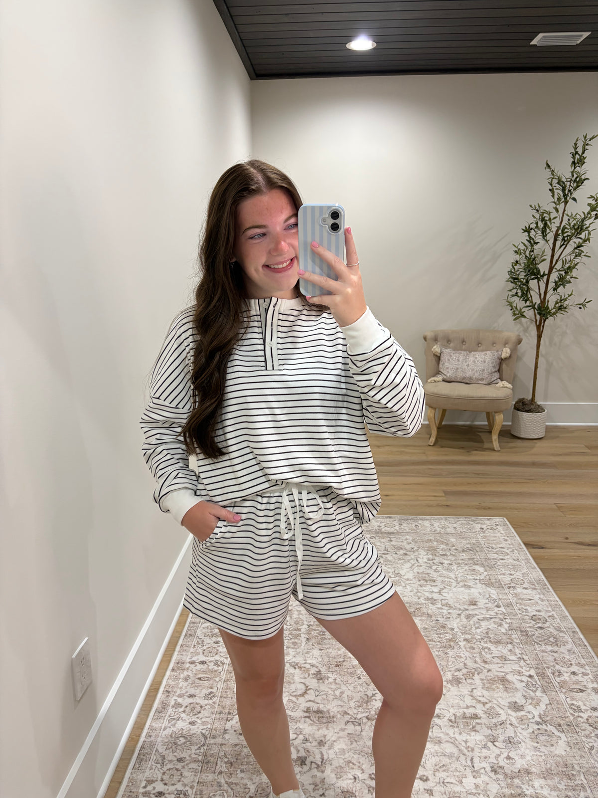 The Reece Henley Striped Short Set - White/Black