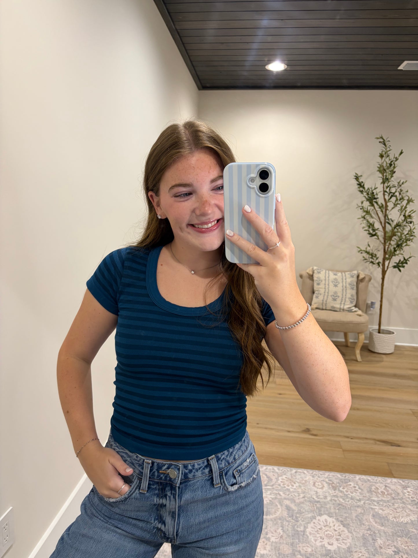 Core Ribbed Scoop Neck Top - Teal