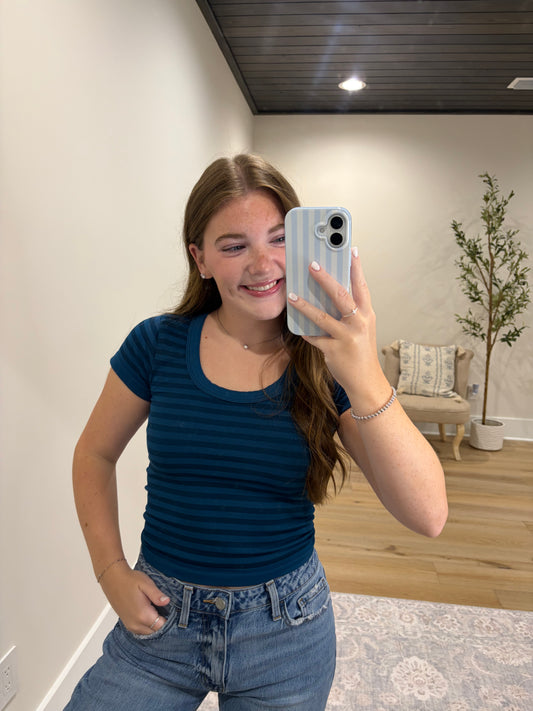 Core Ribbed Scoop Neck Top - Teal