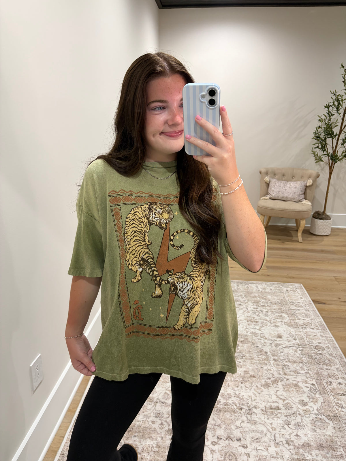 Vintage Tiger Boho Boxy Tee - Olive
