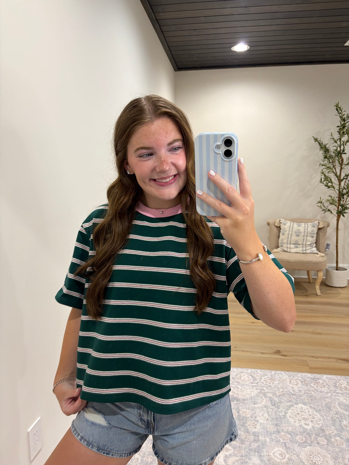 Signature Boxy Stripe Tee - Emerald/Pink