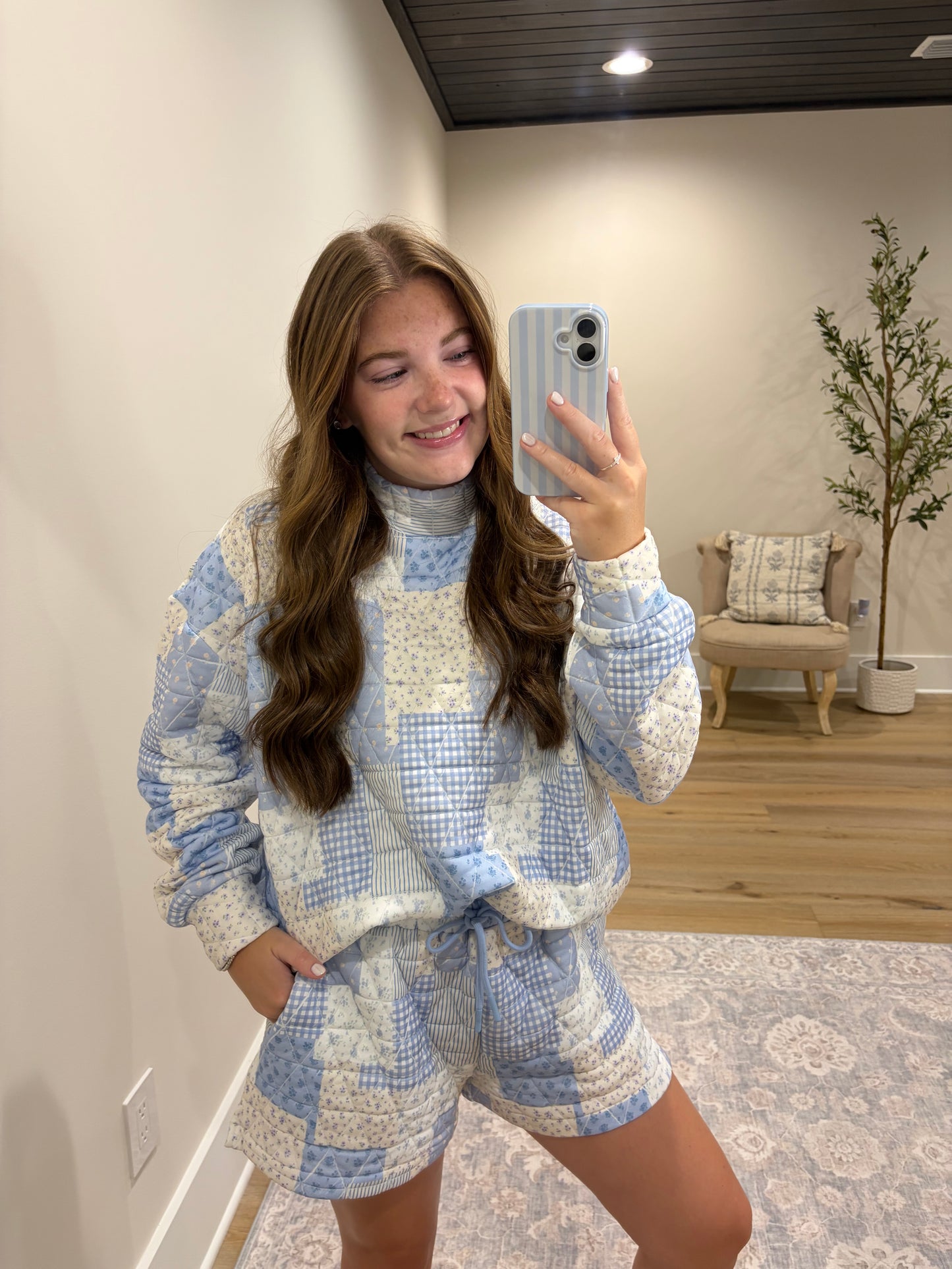 Patchwork Quilted Set - Light Blue