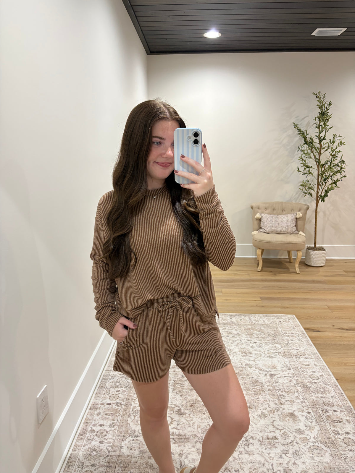 Comfort Stretch Ribbed Long Sleeve Short Set - Cocoa
